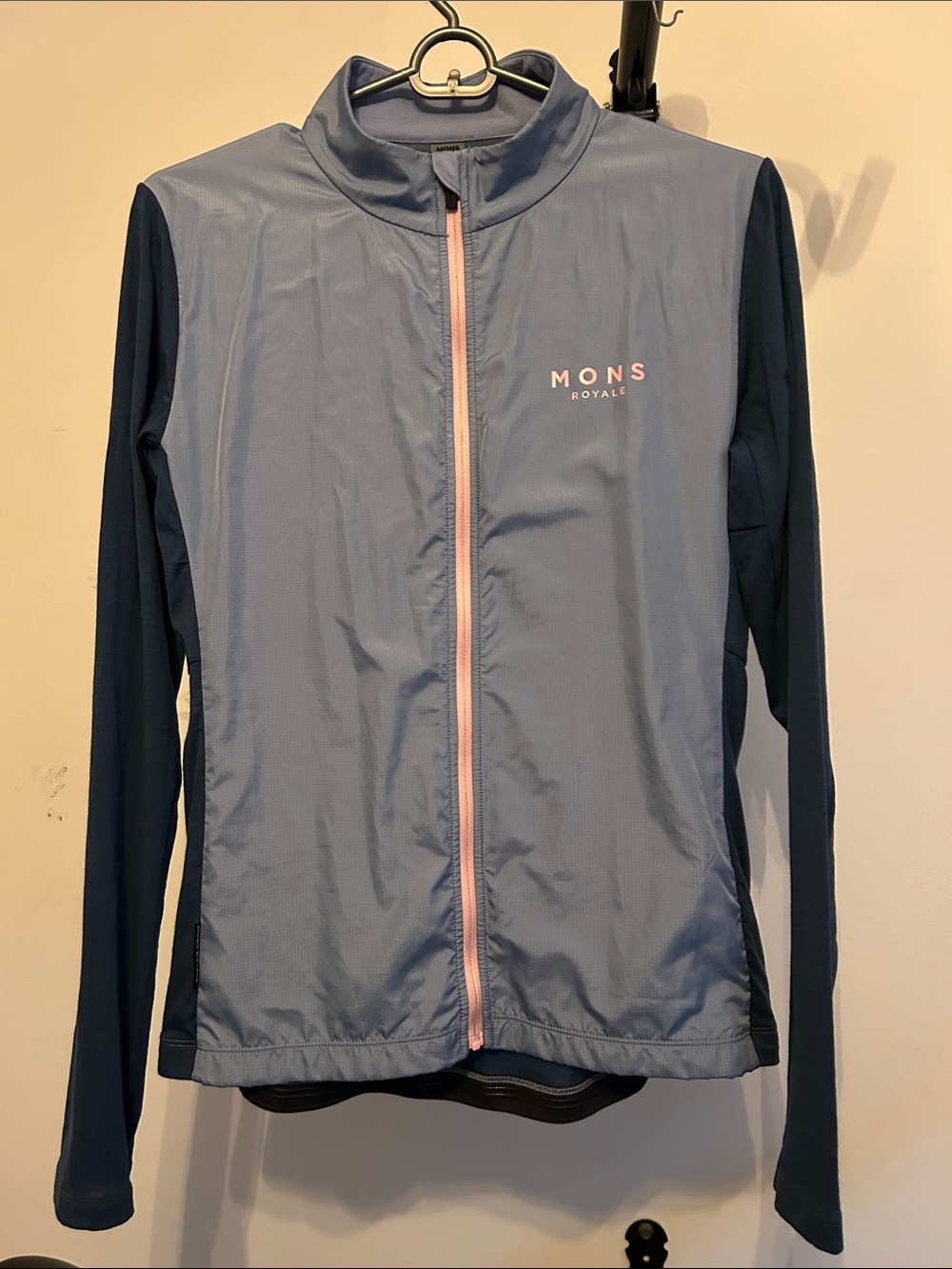 Mons Royale Women's Light Blue & Navy Ski Jacket with Pink Zip